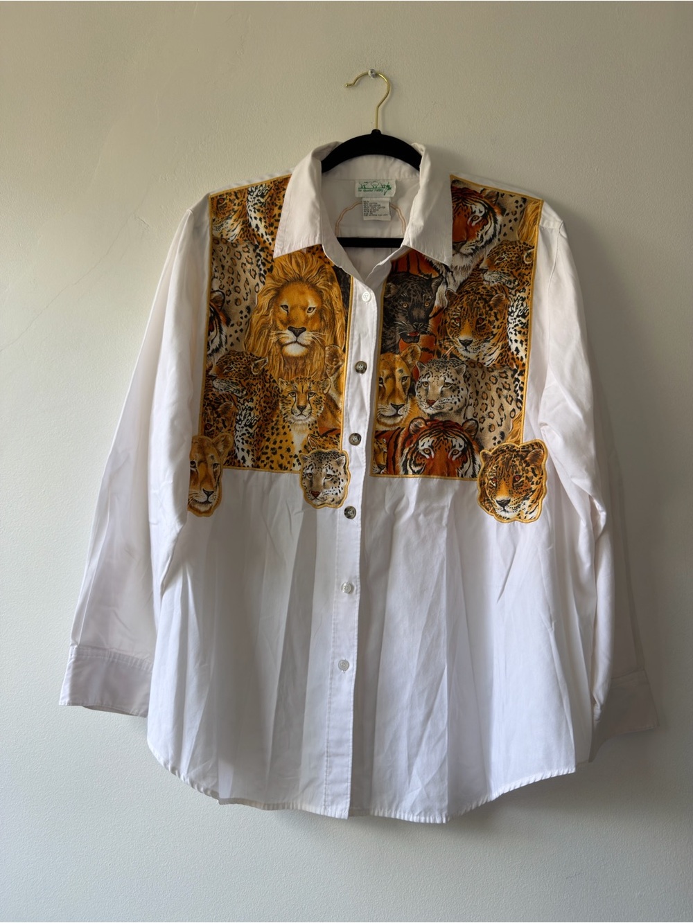 White Kids' Button-Down Shirt with Golden Safari Animal Print